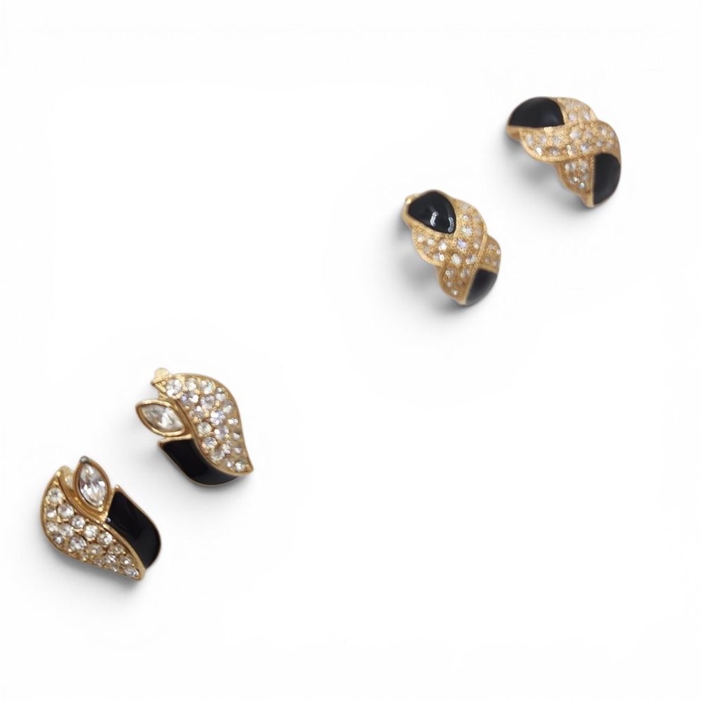 Trifari Roman Vintage Earrings Lot Black Enamel Rhinestone Clip On Hoop Glam